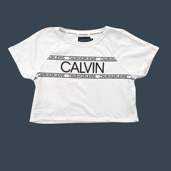 Calvin Klein T Shirt Women Size XXL Crop Logo Roll Tab Y2K Athleisure Streetwear - Picture 1 of 10